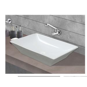 Glossy White Rectangular Ceramic Wash Basin 575x440x155mm Wall Hung Floating Bathroom Sink With Semi Pedestal - Product Image 1