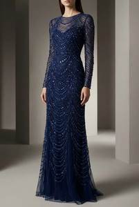 Tela de Lujo Azul Marino con Cuentas Hechas a Mano para Vestido de Noche, Material de Malla con Lentejuelas de Manga Larga para Vestido de Gala, Suministro al por Mayor - Product Image 3