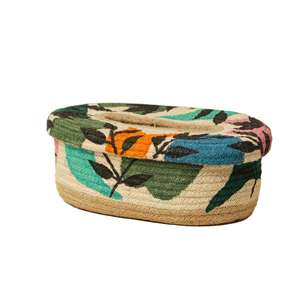 Cubierta para Caja de Pañuelos Ovalada Ligera de Yute Natural Ecológico, Tejida a Mano con Patrón Botánico Colorido, Decorativa para Mesa - Product Image 1