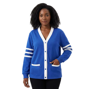 Cárdigan Azul con Cuello en V para Mujer, Diseño Personalizado con Logotipos de Hermandades y Universidades, Manga Larga, Bolsillos Tejidos, Botones, Estilo Vintage - Product Image 1