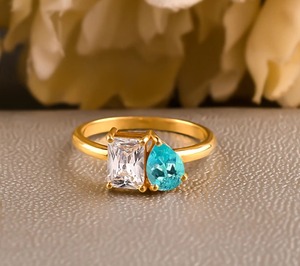 Anillo Toi et Moi de Moissanita y Turmalina Paraíba, Plata de Ley 925 Chapada en Oro, Anillo de Compromiso de Dos Piedras, Regalo para Ella - Product Image 2