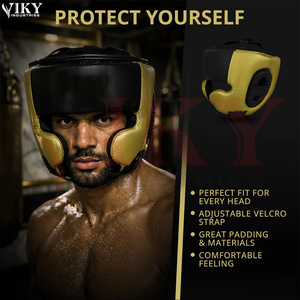 Casque de boxe en cuir synthétique texturé or et noir personnalisé pour l'entraînement de Muay Thai, protection pour le kickboxing et le sparring - Product Image 4