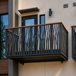 Barandilla de Balcón Moderna de Metal Negro con Superficie de Madera y Patrón Geométrico para Diseño de Seguridad en Terrazas de Apartamentos - Product Image 4