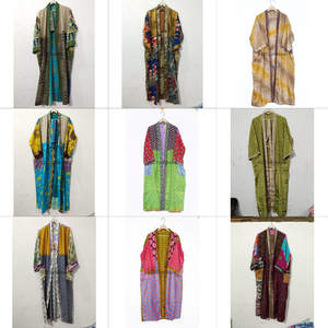 ชุดคลุมยาวแขนยาวสำหรับผู้หญิง ทำมือ สไตล์วินเทจ ผ้าไหมปะติดปะต่อ คอวี ปิดด้วยเชือกผูก เหมาะสำหรับฤดูร้อน ระบายอากาศได้ดี - Product Image 1