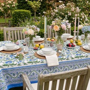Rukhsana Blue Open Hand Block Printed Cotton <b>Tablecloth</b> 180x270cm Handmade Designer Premium Dining Table Home Decor Gift - Product Image 5