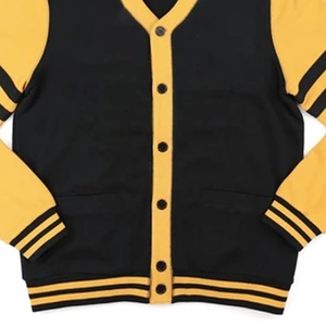 University Fraternities Custom <b>Men</b> <b>Knitted</b> <b>Cardigan</b> Sweater Black Yellow Colorblock Varsity V-Neck OEM Striped <b>Men</b> college style - Product Image 3