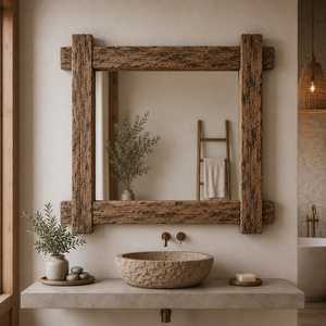 Rustic Reclaimed Solid Wood Wall <b>Mirror</b> Rough Bark Textured Beam Frame Metal Stud Corner Accent Bathroom Vanity Decor Artwork HD - Product Image 4