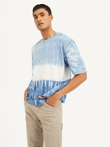 Camiseta Casual de Manga Corta con Cuello Redondo para Hombre, Tie-Dye Azul y Blanco, Corte Regular, Tejido de Punto Jersey, Algodón Transpirable - Product Image 1