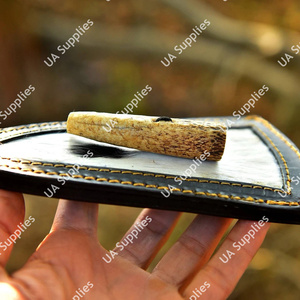 Funda para cuchillo de cuero de vaca con pelo, estilo escudo, con cierre de asta auténtica, borde negro, cosida a mano, funda vertical EDC para cinturón - Product Image 3