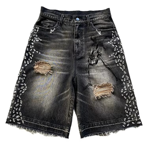 Pantalones cortos de mezclilla negros para hombre, con estampado de esqueleto, adornados con pedrería, de corte holgado, hasta la rodilla, estilo baggy - Product Image 6