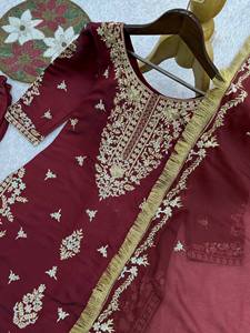 Embroidered Silk Salwar Kameez Set 3 Piece <b>Kurta</b> Palazzo Dupatta <b>Women</b> Wedding Party Outfit - Product Image 5