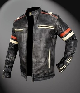 Vintage Black <b>Leather</b> Cafe Racer <b>Jacket</b> with <b>Retro</b> Red & White Stripes Classic Biker Style with Zippered Pockets and Cuffs - Product Image 1