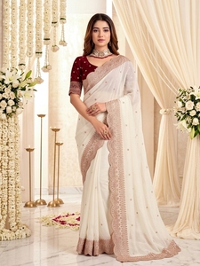 AARA Fashion Elegant Cream Silk <b>Saree</b> <b>Maroon</b> Blouse Traditional Wedding Wear Women India Pakistan Style Floor Length Regular Fit - Product Image 5