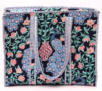 Sac fourre-tout matelassé en coton fait main à imprimé paon, sac à bandoulière indien imprimé au bloc, sac de courses floral, sac de voyage bohème avec fermeture éclair et chaînes
