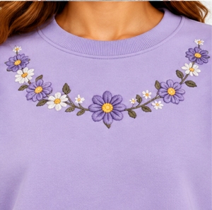 Sweat-shirt à col rond surdimensionné pour femme, couleur lavande, avec broderie florale, manches longues, 100% coton tricoté, vêtement de printemps - Product Image 6