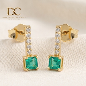Boucles d'oreilles uniques et élégantes en or jaune massif 14 carats avec diamant de laboratoire et émeraude colombienne, certifiées IGI, bijoux personnalisés pour femmes - Product Image 3