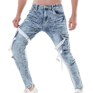 กางเกงยีนส์ทรงสกินนี่สไตล์ฮิปฮอปสำหรับผู้ชาย ทรงเข้ารูป สายรัดเอว ผ้าเดนิม สตรีทแวร์ลำลอง - Product Image 5