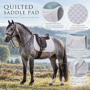 Tapis de selle matelassé blanc pour cheval avec profil ergonomique et sangles de fixation |   Vêtement d'équitation anglais rembourré et contourné à panneaux superposés - Product Image 5