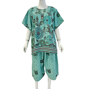 Ensemble de détente d'été pour femme, motif floral, manches courtes, col rond, 100 % coton, pantalon longueur genou, coupe ample, imprimé nœud, tenue décontractée - Product Image 4