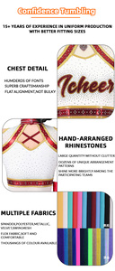 Uniforme de cheerleading avec logo en strass blanc, rouge et or sur le devant, haut à manches longues et jupe, tenue d'équipe pour adultes - Product Image 3
