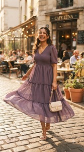 Robe midi en mousseline violette à col en V, manches courtes, à volants, coupe trapèze, décontractée, d'été, pour femme, taille empire, couleur unie - Product Image 2