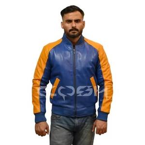 แจ็คเก็ตบอมเบอร์หนังแท้สีน้ำเงินเหลืองแบบสั่งทำพิเศษ สไตล์เรโทร แจ็คเก็ตหนังแบบซิปพร้อมปลายแขนเสื้อแบบริบ - Product Image 5