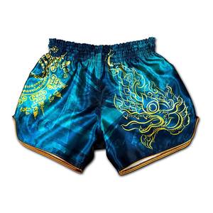 Shorts de Kung Fu en satin bleu pour homme avec imprimé dragon doré, taille élastique, séchage rapide, vêtements d'arts martiaux, coupe régulière, taille adulte - Product Image 4