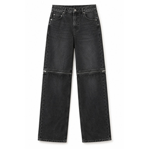 Jean Boyfriend Décontracté Convertible à Taille Mi-Haute et Fermeture Éclair pour Femme - Noir Délavé, Coupe Large, Panneaux, Tailles XS-6XL - Product Image 1