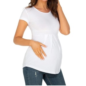 Breathable Latest Design 2026 Blank White Color Short Sleeves Cotton Made Maternity TShirt Nursing Women Feeding Dress Wholesale - Product Image 1
