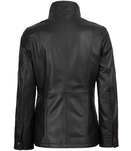 Veste d'hiver en cuir véritable pour femme, satinée, noire avec bordure marron, col rabattu, coupe ajustée, écologique, coupe-vent, pour moto - Product Image 4