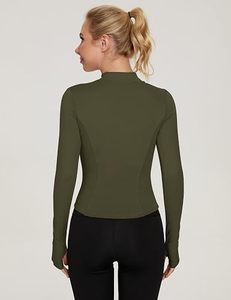Women's Olive Green Full Sleeve <b>Zipper</b> Front Yoga <b>Top</b> Stand Collar Breathable Polyester Spandex Solid Color Skinny Fit Pockets - Product Image 4