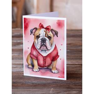 Whimsical A7 Tamaño 5x7 Bulldog inglés Tarjetas de felicitación del día de San Valentín Paquete de 8 tarjetas de nota en blanco con sobres - Product Image 2