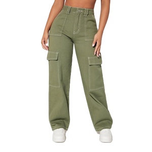 Wholesale Ladies Casual High-Waisted Cargo <b>Pants</b> in XL Trusser Logo Decoration Baggy Style Canvas Fabric Flat Front-Export BD - Product Image 1
