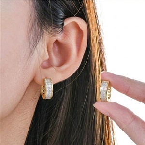 Luxury 18k <b>Solid</b> Yellow <b>Gold</b> <b>Huggie</b> Earrings Double Row Princess Cut Natural Diamond Hoop Invisible Setting Fine Jewelry Factory - Product Image 2