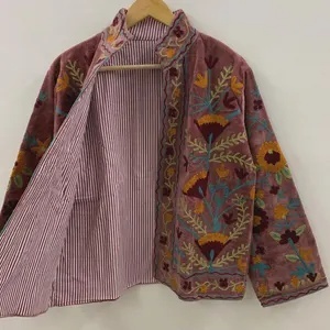 Top Product Wholesale Suzani Embroidered Velvet Jacket Women Short Winter <b>Coat</b> Button Bohemian Bomber Jacket Factory Price - Product Image 3