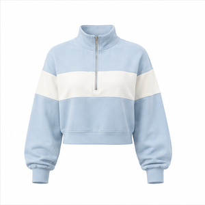 Customize Powder Blue <b>Womens</b> Oversized <b>Half</b> <b>Zip</b> Cropped <b>Sweatshirt</b> Rib Cuff Soft Knit Fleece - Product Image 2