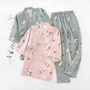 Conjunto de pijama tipo kimono de gasa para mujer, ropa de estar por casa transpirable de doble capa con pantalones largos para el hogar, ropa de dormir y relajación - Product Image 4