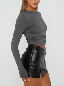 Top Corto de Punto Gris para Mujer, Manga Larga, Cuello Redondo, Color Sólido, Corte Ajustado, Estilo Y2K, Transpirable, para Todas las Temporadas, Venta al Por Mayor - Product Image 3