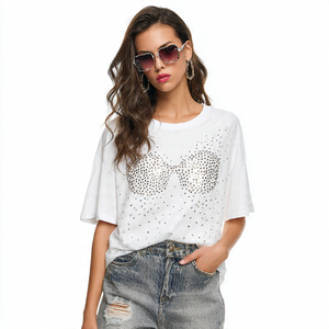 Drop Shoulder <b>Rhinestone</b> T Shirts Women Summer Fashion Wear <b>Rhinestone</b> Oversize Tee Shirt Ladies Short Sleeve <b>Rhinestone</b> <b>Tops</b> - Product Image 4