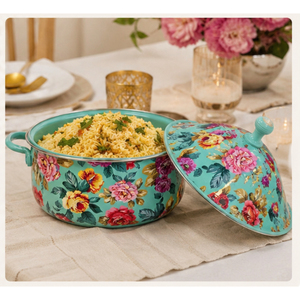 Marmite chauffe-plats en acier inoxydable avec motif floral décoratif turquoise, double paroi isolée, plat de service chaud, en vente - Product Image 6