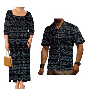Robe à volants élégante et confortable pour femme avec imprimé tribal polynésien personnalisé, assortie à des chemises Aloha bleu clair pour homme, ensemble polynésien pour couple - Product Image 5