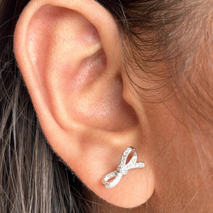 Minimalist Bowknot <b>Stud</b> <b>Earrings</b> 925 <b>Silver</b> Diamond Round Brilliant Cut Prong Setting Women's Everyday Wear - Product Image 2