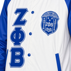 เสื้อแจ็คเก็ตบอมเบอร์สีน้ำเงินรอยัลและสีขาว แบรนด์ Zeta Phi Beta ปักลายตัวอักษรกรีก ติดกระดุมแป๊ก สไตล์เบสบอล เสื้อคลุมสำหรับชมรมนักศึกษา - Product Image 5