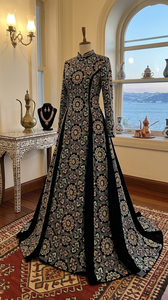 Tissu brodé floral noir avec détails en sequins pour foulards et châles pour femmes, longue veste abaya burqa koti - Product Image 2