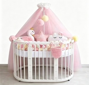 <b>Pink</b> Tulle Dome <b>Bed</b> <b>Canopy</b> With Pom Poms For Baby Crib Decor Circular Shape All Season Use - Product Image 3