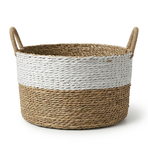 Woven Seagrass Storage Basket with Handles Two Tone Organizer Bin for Bathroom Living Room Home - Product Image 1