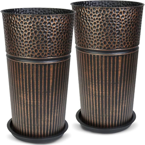 24 Tall Metal Planter –Hand-Hammered Textured <b>Large</b> Bronze Flower <b>Pots</b> Box with Saucer for Outdoor & Indoor Garden Planter - Product Image 6