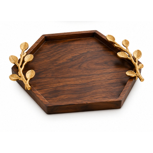Plateau de service rond en bois de qualité supérieure avec bordure en métal doré découpé, plateau décoratif pour table basse, plateau de service pour hôtel, meilleur prix - Product Image 6