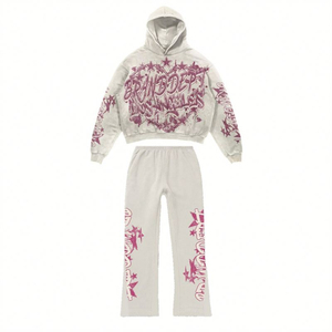 Sweat à capuche zippé et pantalon de survêtement évasé pour homme, style streetwear vieilli, thermique d'hiver, respirant, délavé à l'acide, avec broderie et impression personnalisables - Product Image 1