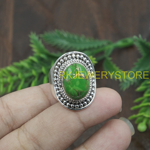 แหวนเงินแท้ 925 ประดับเทอร์ควอยซ์สีเขียวทองแดง งานแฮนด์เมด สไตล์วินเทจ โบโฮ ทรงโดม คาโบชอง ของขวัญสำหรับทุกเพศ - Product Image 3
